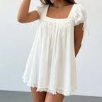 Vintage Puff Sleeve Women Square Neck A-line Mini Ruffled Fairy Flowy Short Dress