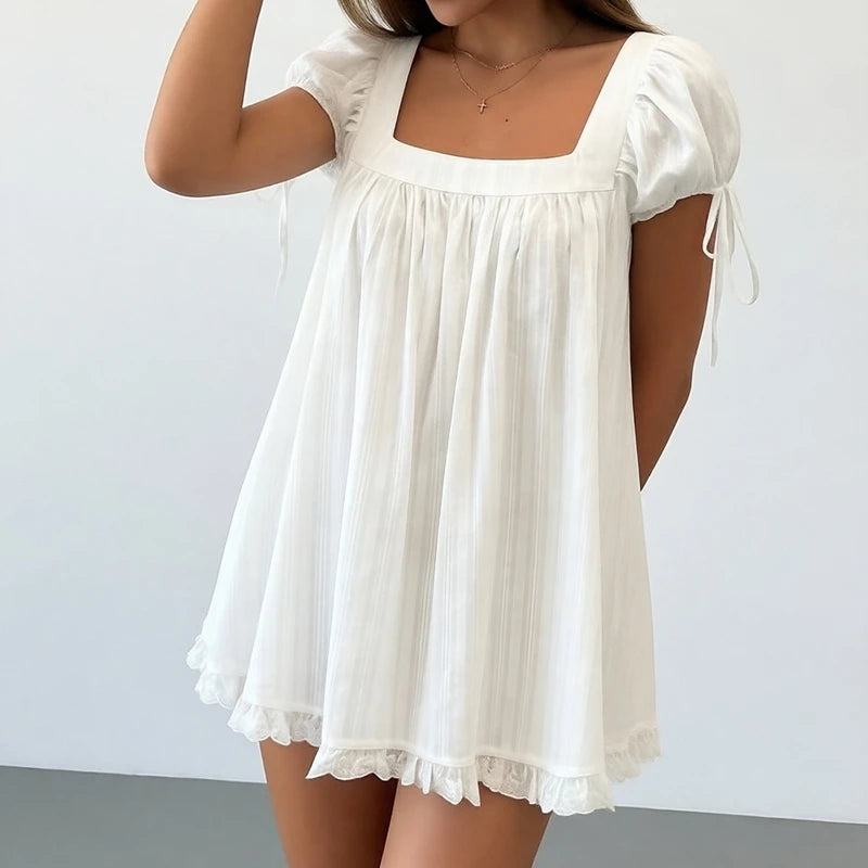 Vintage Puff Sleeve Women Square Neck A-line Mini Ruffled Fairy Flowy Short Dress