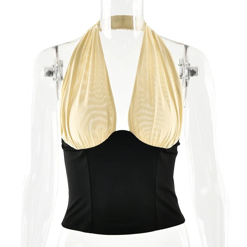 Halter Backless Patchwork Crop Top Sleeveless Cinched Waist