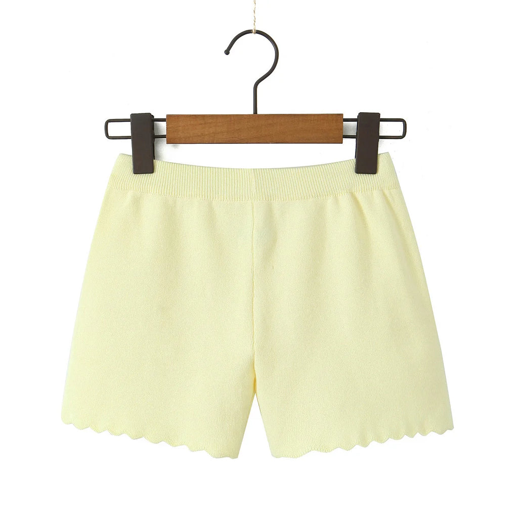 Vintage Two-piece Knit Cardigan And Elastic Waist Shorts Set