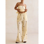 Polka Dot Print Outfits Set Smocked Backless Strapless Tube Tops+Elastic High Waist Wide Leg Pants
