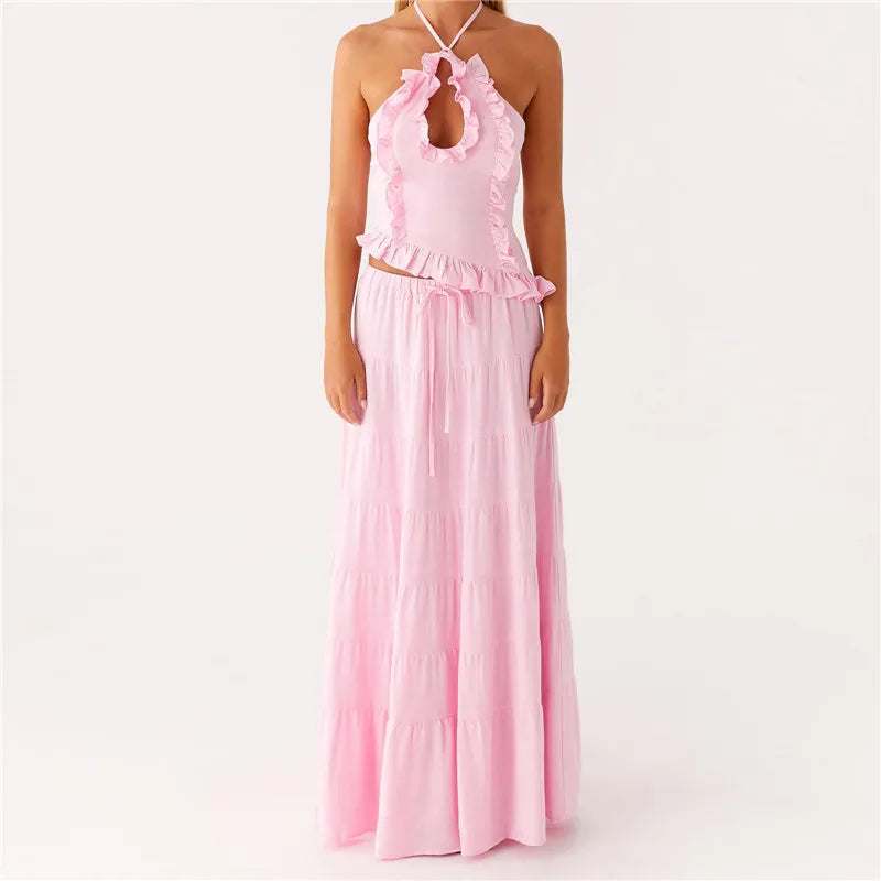 Two- piece Set With Ruched Maxi Skirt and Spaghetti Strap Halter Crop Top