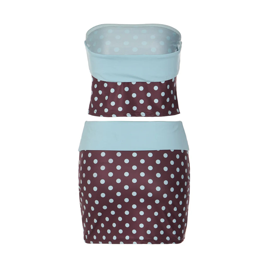 Polka Dot Strapless Vest Top And Color Block Two Piece Set For High Waist Summer Chic Bodycon Skirt Outfit