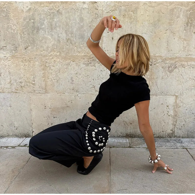 Spiral Rivet Decor Wide Leg Pants With Elastic Waist