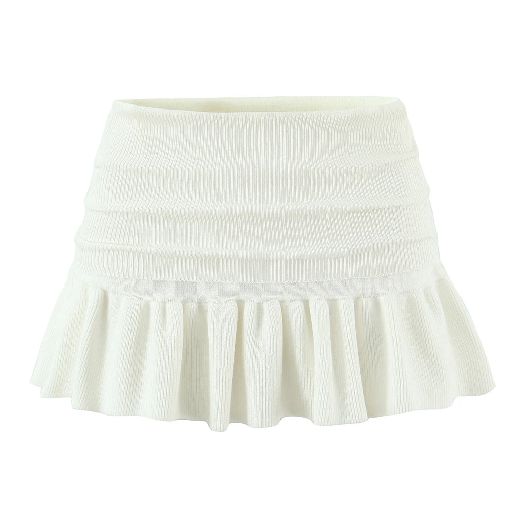 Y2K Women Roll Down Rib Knitted Hem Ruched Pleated Mini Skirt Elastic Waist Hips A-line Skirt