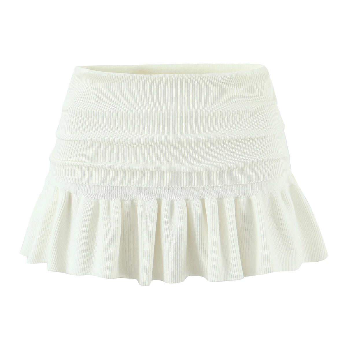 Y2K Women Roll Down Rib Knitted Hem Ruched Pleated Mini Skirt Elastic Waist Hips A-line Skirt
