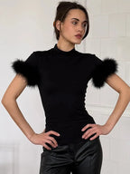 Patchwork Feather Sleeve Turtleneck Top Short Sleeve Tee