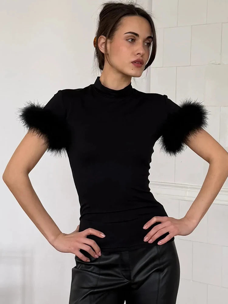 Patchwork Feather Sleeve Turtleneck Top Short Sleeve Tee