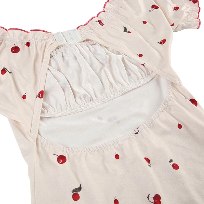 Cherry Print Frill One Piece Swimsuit With Short Sleeves Backless Design