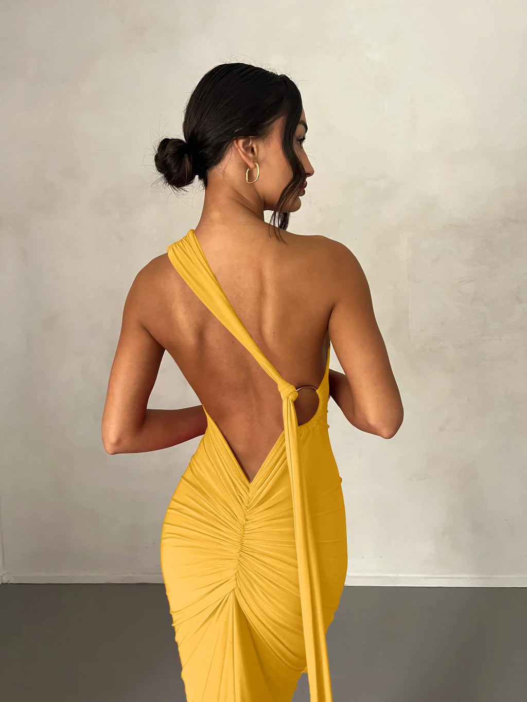 One Shoulder Backless Ruched Dress