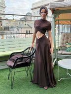 Hollow Out Short Sleeve Ruched O Neck Maxi Dress