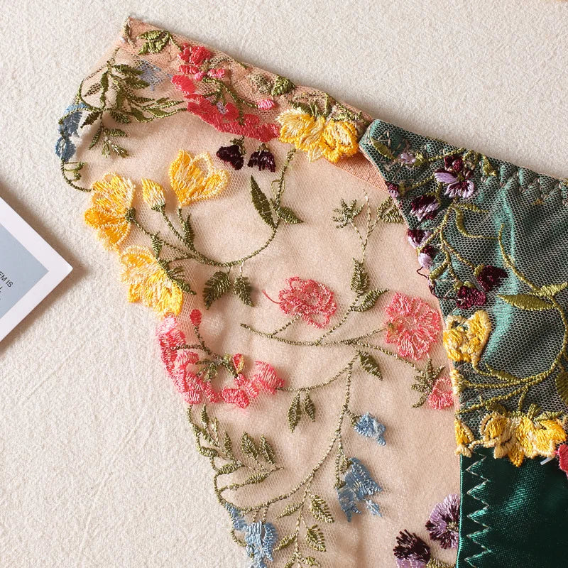 Countryside Embroidered Lingerie Set With Floral Patchwork Bra And Panty Details