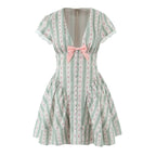 Green French Style Floral Sexy Mini Bohemian Women V-neck Striped Ruffles Dress