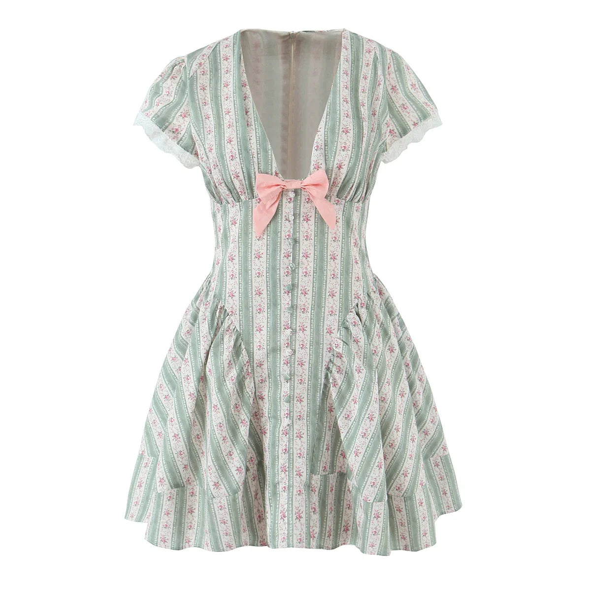 Green French Style Floral Sexy Mini Bohemian Women V-neck Striped Ruffles Dress