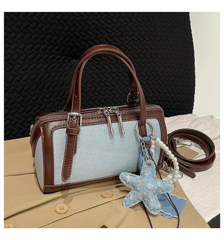 Denim Crossbody Bag With Embroidered Ruched Detailing And Subtle Rivet Accents