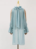 Off Shoulder Chiffon Blouse With Lightweight Fit Asymmetrical Hem And Bow Detail