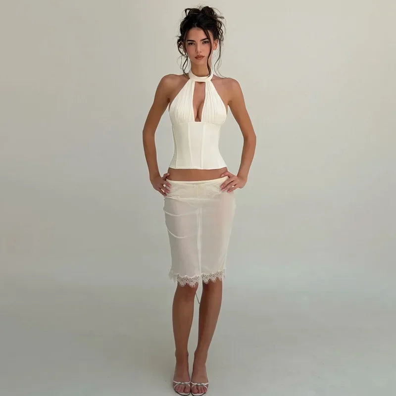 Halter Neck Crop Top With Lace Up Details And Backless Design