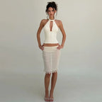 Halter Neck Crop Top With Lace Up Details And Backless Design
