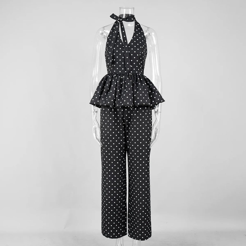 Dot Print Halter Top Set With Wide Leg Pants