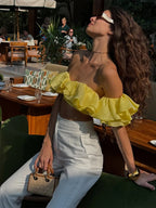 Elegant Y2K Sweet Style Ruched Tank Tops+Petal Sleeve Cover Women Lace-Up Halter