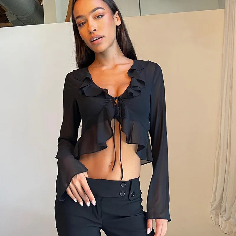 Chiffon Sheer Crop Tank Top With V Neck And Flare Sleeves