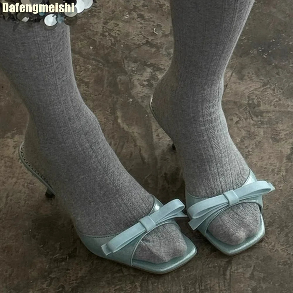 Ribbon Knot One Strap Sandals For Women Open Toe Square Front Casual Slides With Lace Sole