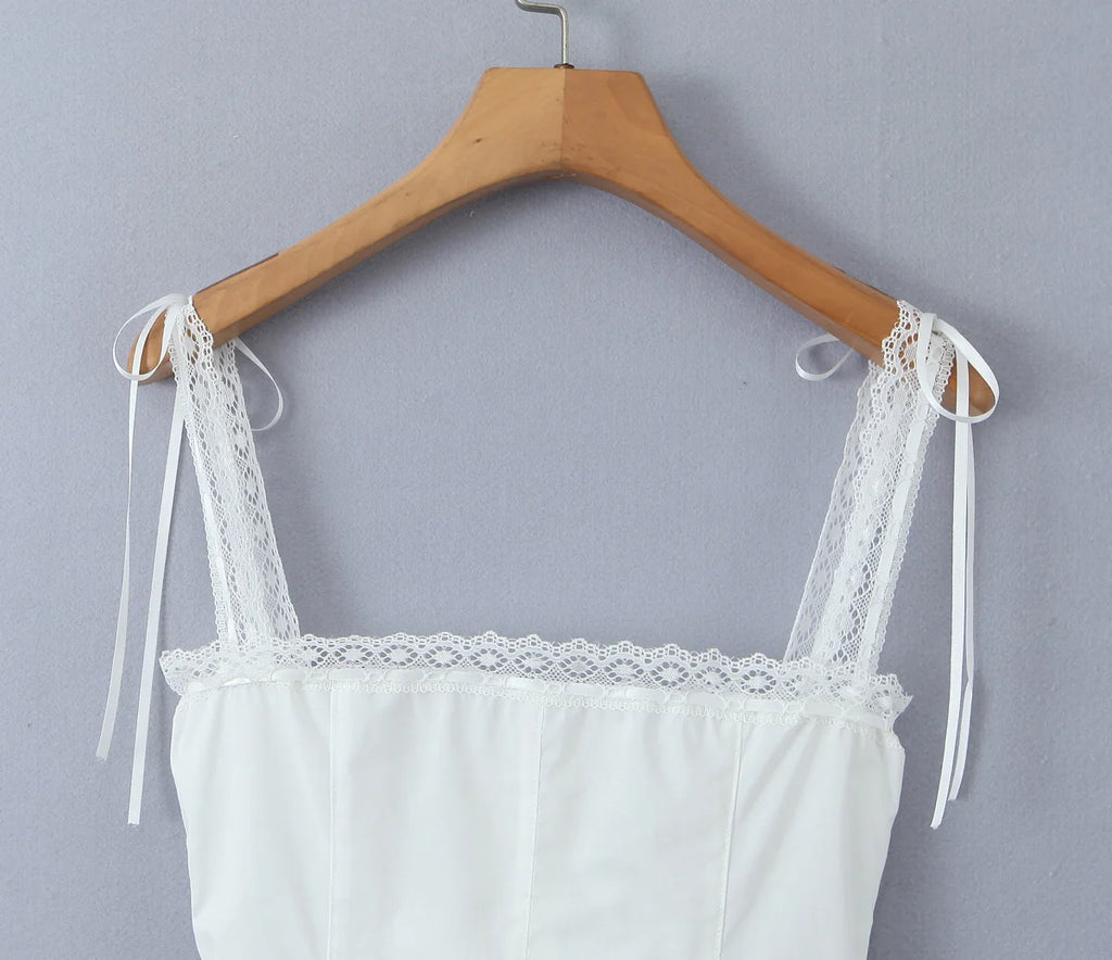 White Lace Trim Crop Top With Ribbon Bow Collar