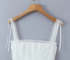 White Lace Trim Crop Top With Ribbon Bow Collar