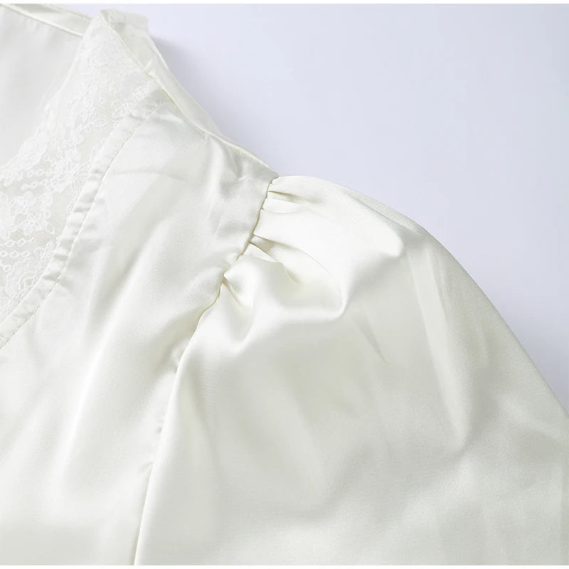 Lace Splicing Female Chic Bow Lace-up V Neck Short Sleeve Shirt