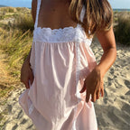 Lace Trim Mini Dress With Ruffle Babydoll Silhouette Spaghetti Strap Boho Sundress