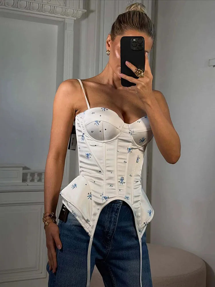 Romantic Floral Corset Cami Top With Sweetheart Neckline And Irregular Hem For Summer