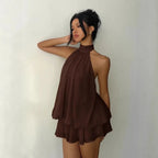 Women's Halter Neck Chiffon Mini Dress - Backless Tie-Front