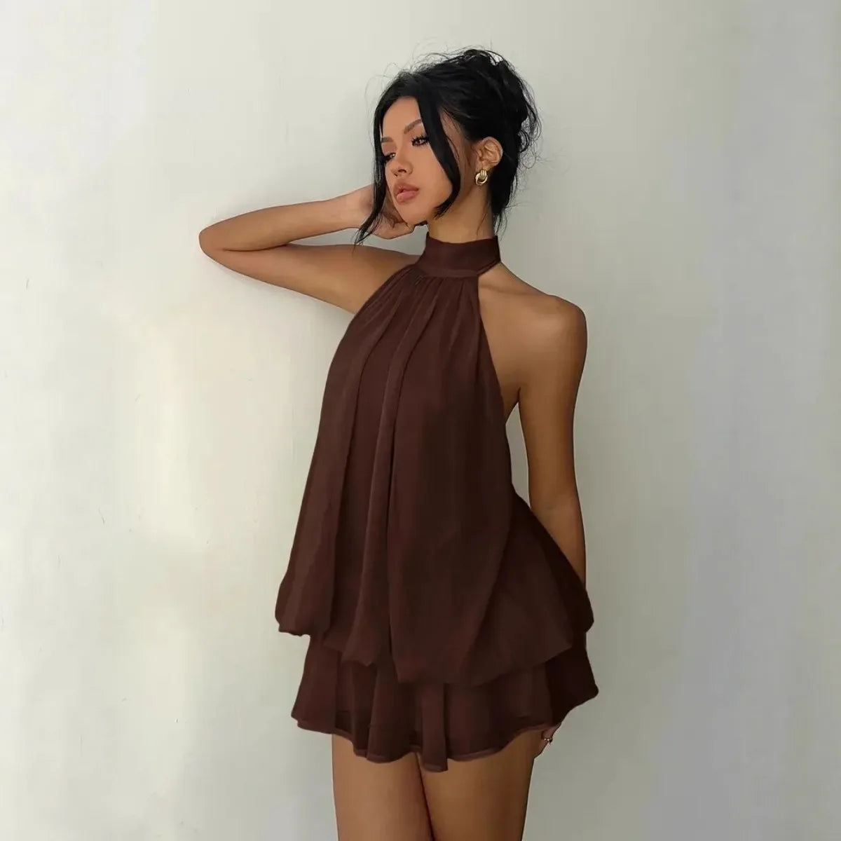 Women's Halter Neck Chiffon Mini Dress - Backless Tie-Front