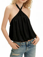 Cross Button Halter Top With Backless Design And Puffball Hem