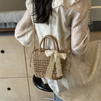 Lace Bow Straw Weave Crossbody Bag Summer Beach Style Small Bucket Elegant And Lightweight