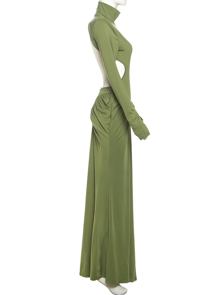 Peach Backless Maxi Dress With Waistless Silhouette And Ruched Elegance