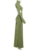 Peach Backless Maxi Dress With Waistless Silhouette And Ruched Elegance
