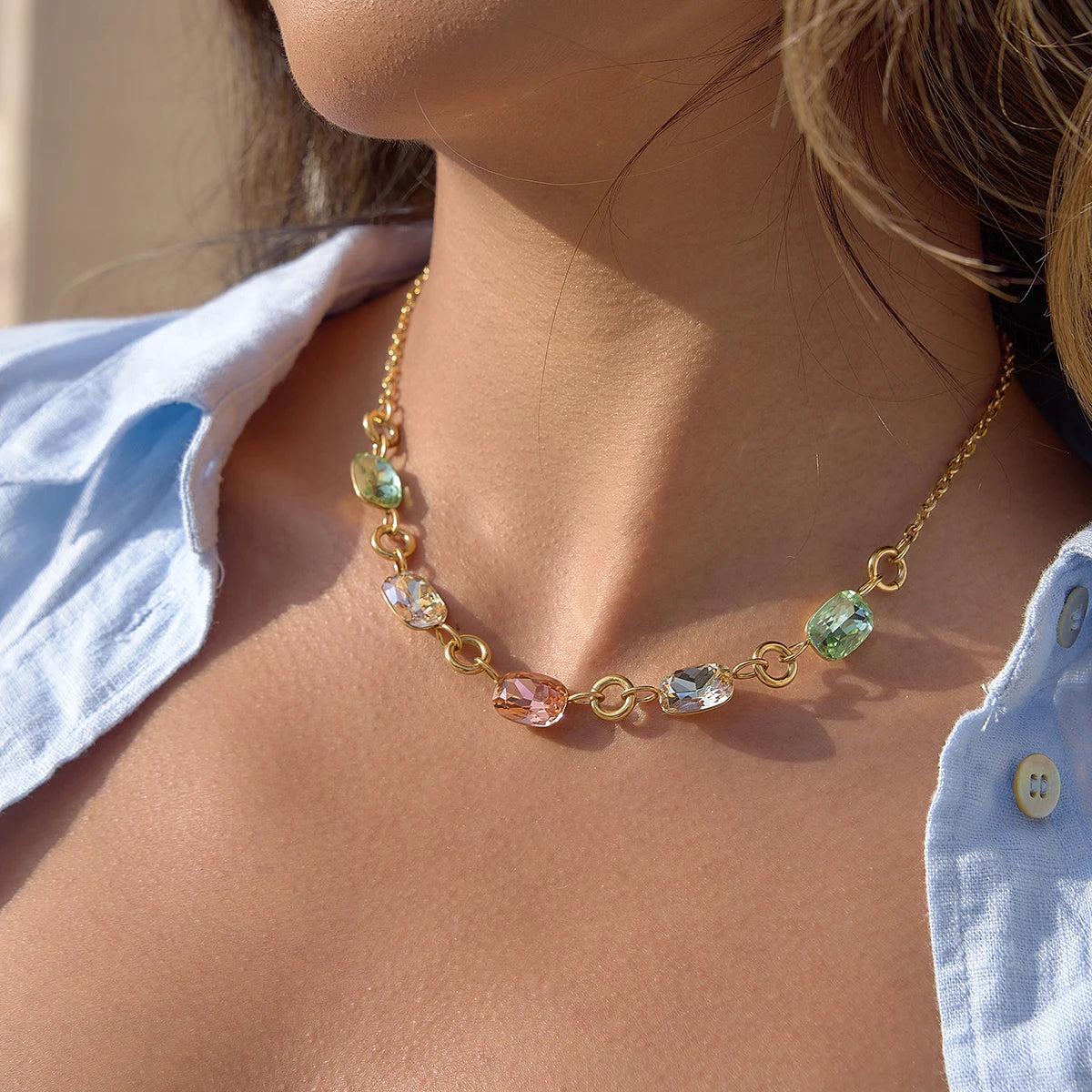Sunlit Geometric Rhinestone Chain Necklace For Women With Delicate Sparkle And Gleaming Charm