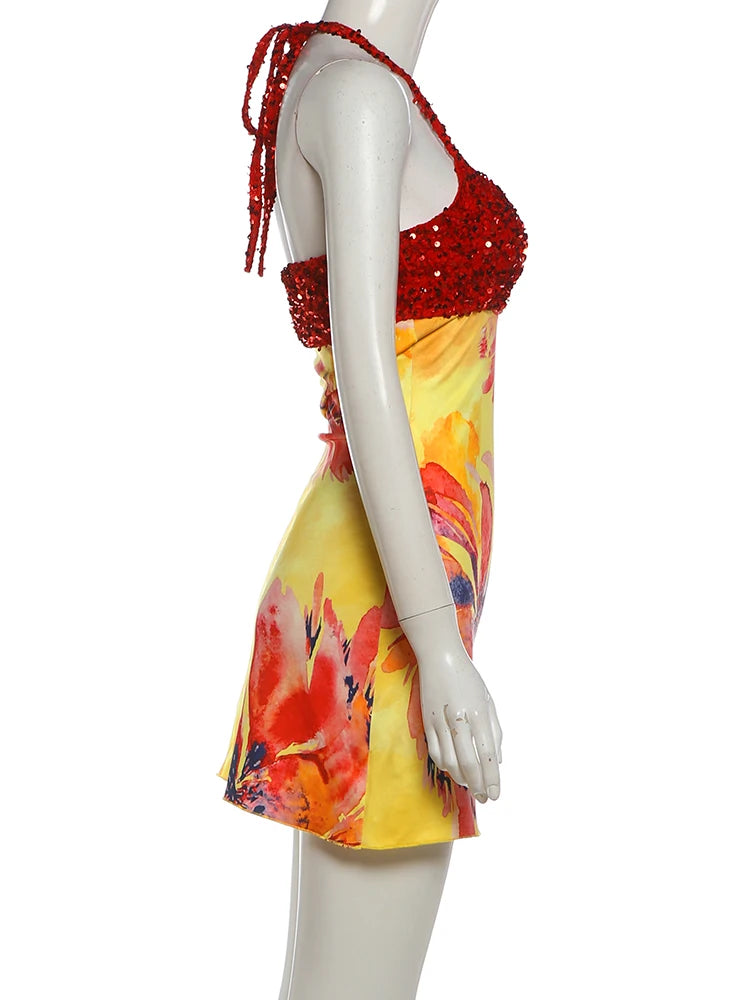 Floral Patchwork Mini Dress With Halter Backless Design