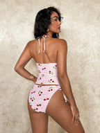 Elegant Cherry Print Strappy Bikini Set With Lace Trim Two Piece Swimsuit For Summer