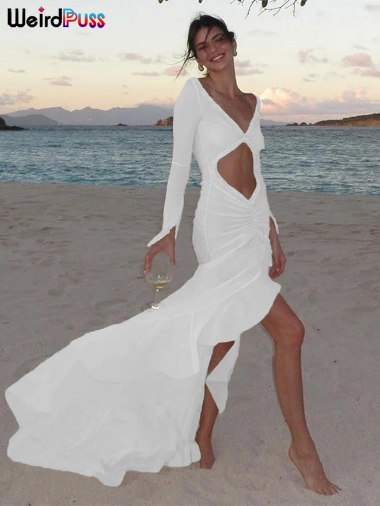 Elegant Sheer Lace Bodycon Dress With Hollow V-Neck Ruffles And Ruched Sides
