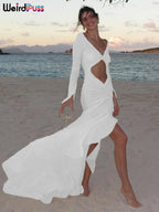 Elegant Sheer Lace Bodycon Dress With Hollow V-Neck Ruffles And Ruched Sides