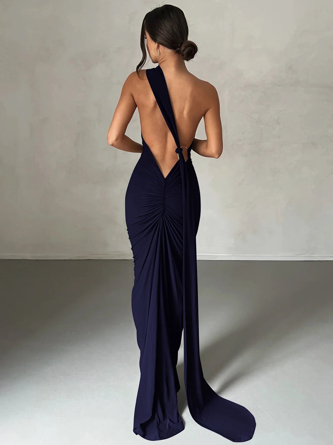 One Shoulder Backless Ruched Slim Long Dress