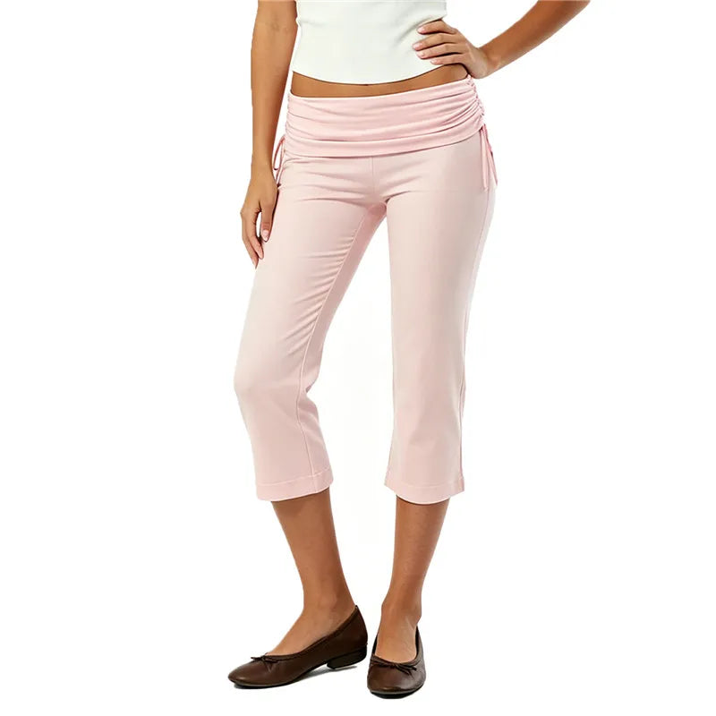 High-Waist Capri Pants With Fold-Over Waist Adjustable Drawstring Tie Detail