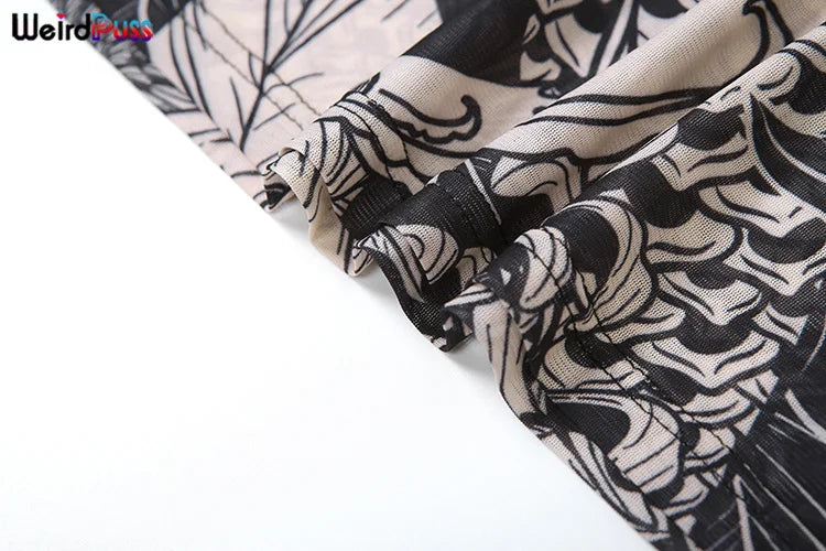 Mesh Print Maxi Bodycon Dress With Turtleneck And Long Sleeves