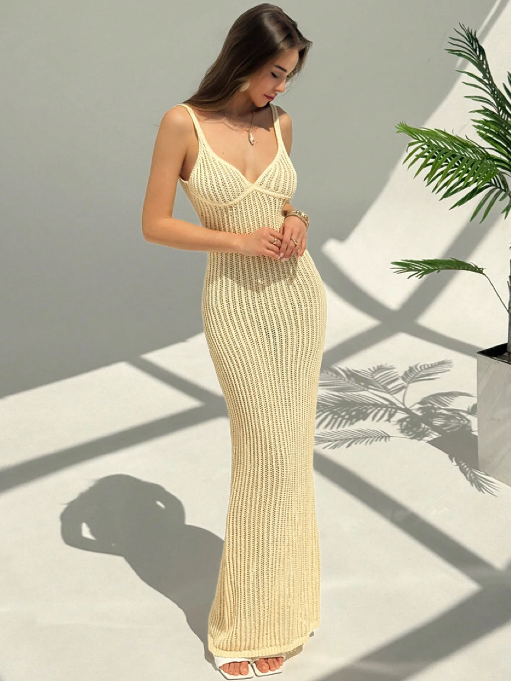 Elegant Backless Knitted Slip Sexy Hollow Out Slim-Fitting Style Dress