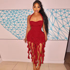Elegant Halter Backless Ruffles Mini Dress Slim Fit With Tassel Detail