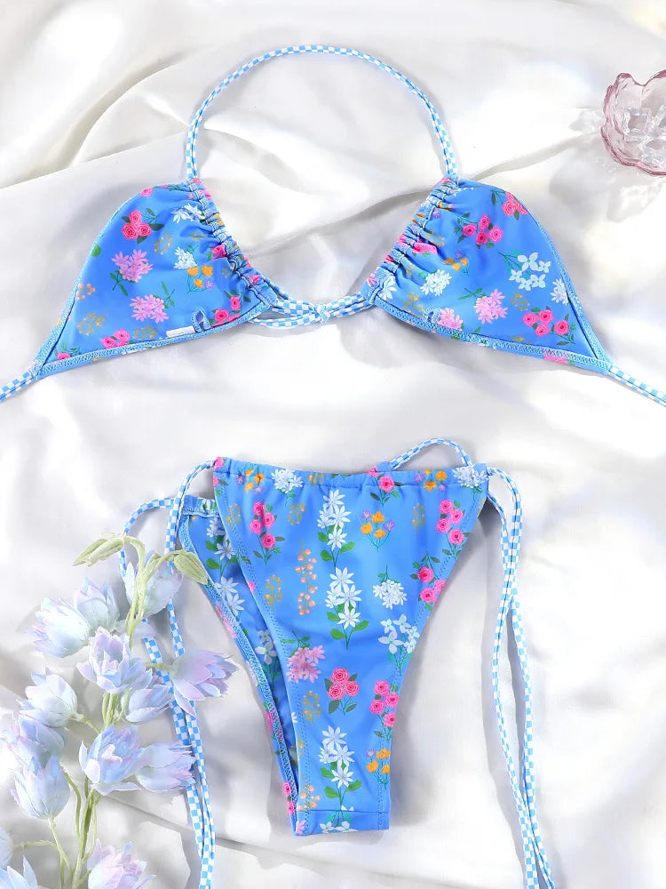 Floral Bow Pink Bikini Swimsuit For Women Low Waist Bandage Beachwear Chic Summer Bathing Suit