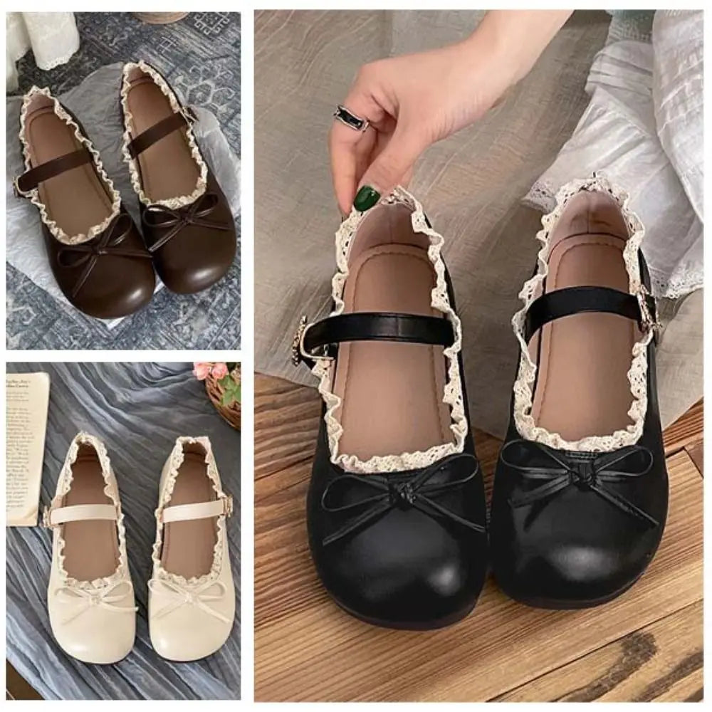 Lolita Inspired Mary Jane Flats With Bow Lace Pu Leather Soft Sole Slip On