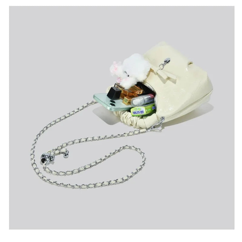 Cloudy Glamour Plush Pendant Shoulder Bag in Glossy Ruched Leather
